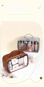 Dettaglio di grandi beauty case in PVC impermeabile con finestre trasparenti e manici