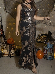 Abito elegante nero con scollo a V con paillettes dorate e ricami floreali da sera