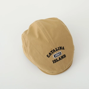 Close-up of Catalina Island 1983 embroidery on khaki cotton kids beret hat