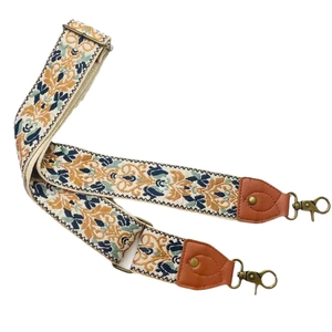 5cm ethnic vintage floral guitar strap with beige base and blue-orange pattern