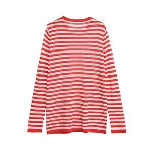 Women's casual long sleeve knit sweater with classic red and white horizontal stripes