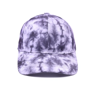 Detail of purple and white tie-dye cotton baseball cap with a six-panel crown