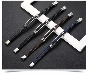 Bracelets pour hommes en cuir tressé quatre couleurs avec barre en métal argenté poli