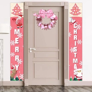 Couronne de Noël rose avec bannières de porte rouges Joyeux Noël pour décoration festive
