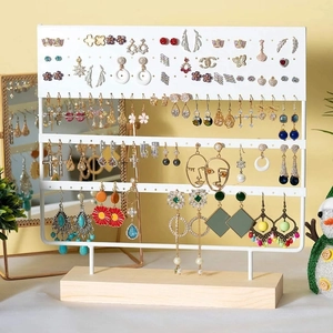 Earring Display Stand Multi Tier Metal Rack With Wooden Base Desktop Jewelry Organizer For Studs Dangle Hoops Earring