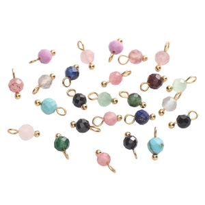 Close-up of assorted 4mm faceted natural stone pendants with gold metal rings for DIY