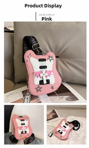 Close-up of guitar-shaped bag with pink leather, silver studs, and punk cross details