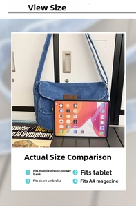 Comparaison de taille du sac en jean bleu avec iPad, tablette et magazine A4 pour capacité