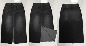 Detailweergave van een zwarte gewassen denim midi-rok met hoge taille en split