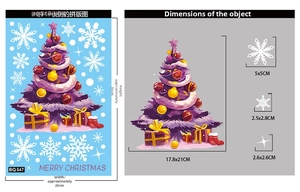 Detailed sheet showing dimensions of colorful Christmas tree and snowflake window decals