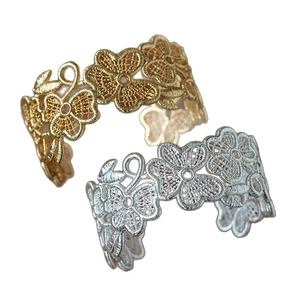 18k gold and silver plated open cuffs with intricate vintage floral embroidery designs