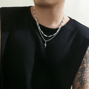 Men's double-layer pearl and silver chain necklace with a lighting bolt pendant