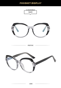 Detailed views of polygon candy-colored TR90 cat-eye glasses frame in black finish