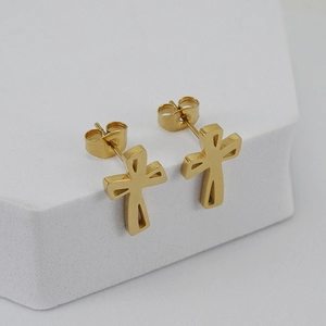 Elegant 18K gold stainless steel cross stud earrings with crystals on a white display pedestal