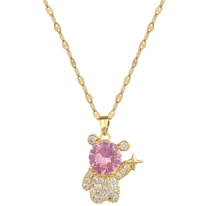 Titanium steel necklace featuring a teddy bear pendant with a pink crystal and gold star