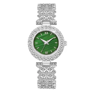 Silver luxury women's watch with emerald green malachite dial and rhinestone accents