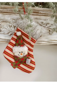 Detail of knitted Christmas stocking with snowman figure on a festive fireplace mantel