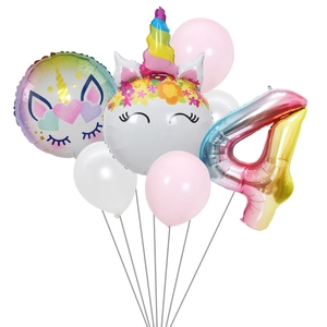 7-piece unicorn birthday balloon set featuring a rainbow gradient number 4 and pastel colors