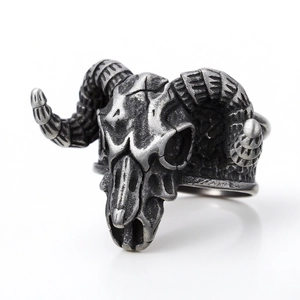 Vintage punk goat skull ring in oxidized steel with detailed ram horns for men