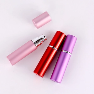 Portable 5ml matte aluminum perfume spray bottles in pink, red, and purple colors