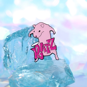 Creative pink cartoon enamel brooch with RATZ font on blue ice crystal base