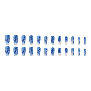 Blue marble press-on nails with gold foil accents, 24 pieces set in coffin shape