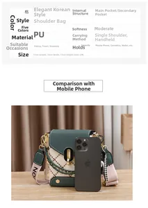 Comparaison de taille du mini sac bandoulière avec téléphone, montrant ses dimensions compactes