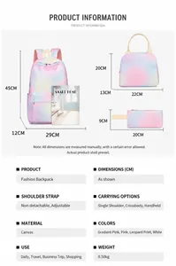 Detaillierte Maße des dreiteiligen Rucksack-Sets in Rosa mit Farbverlauf für Schule