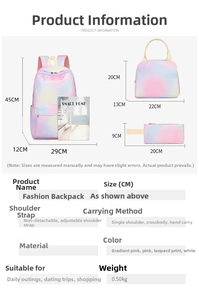 Detailed dimensions of the gradient pink 3-piece backpack set for school and travel