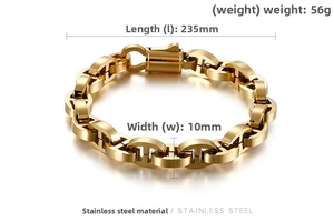Detailed view of golden stainless steel chain bracelet with dimensions 235mm x 10mm