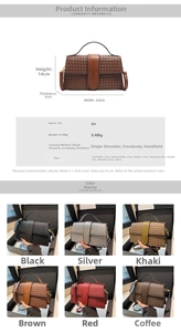 Detailed size specifications and color options for the woven texture crossbody bag