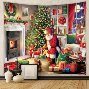 Detaillierter Weihnachtswandteppich mit Weihnachtsmann, Rentieren und geschmücktem Baum