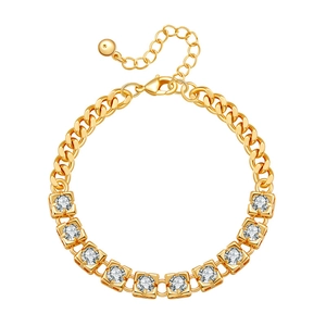 Gold-plated geometric square bracelet with white cubic zirconia and Cuban chain linkage