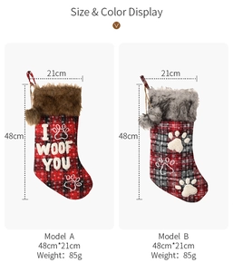 Size and color display of buffalo plaid pet Christmas stockings with faux fur trim