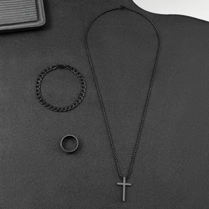 Parure de bijoux noire pour homme avec bracelet gourmette, collier croix et bague