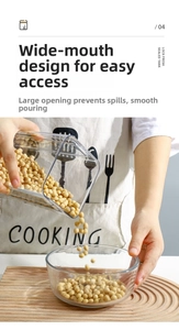Macro detail of food-grade clear storage jar with wide mouth pouring yellow soy beans