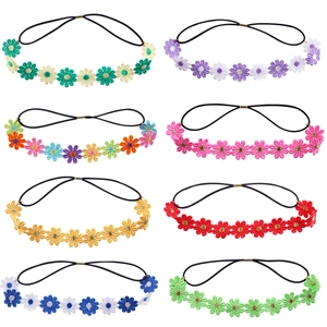 Set of 8 colorful daisy lace elastic headbands for girls in various vibrant floral patterns