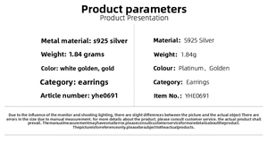 Detailed specifications for S925 silver heart earrings showing weight and materials