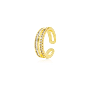 Elegant double-layered gold ear cuff with square and round zircon stone inlay