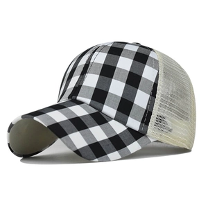 Classic black and white checkered trucker hat with breathable mesh back and ponytail hole