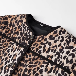 Close-up of leopard print quilted jacket showing round neck and black trim detail
