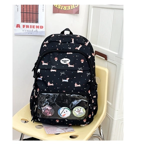 Close-up of black dachshund print backpack featuring a clear window for display