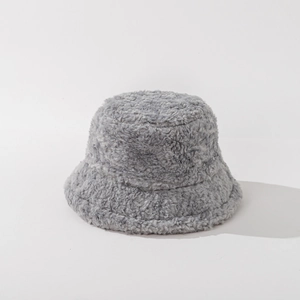 Close-up of the plush gray faux fur texture on a warm winter bucket hat for adults