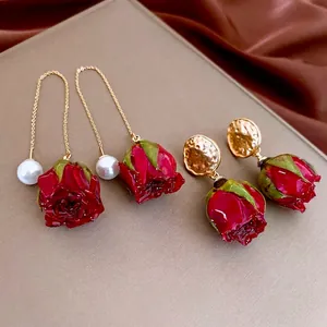 French Vintage Red Rose Flower Earrings With Faux Artificial Pearl Alloy And Silver Earring Post Romantic Elegant Jewelry For Women