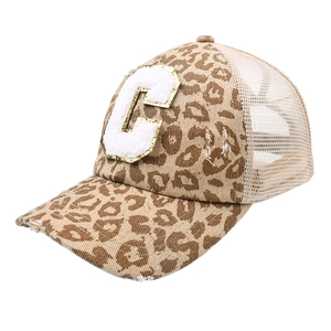 Detail of leopard print baseball cap with embroidered letter C patch and mesh back