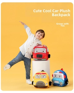 Close-up of soft plush school bags in cute car designs for toddlers with smooth zippers
