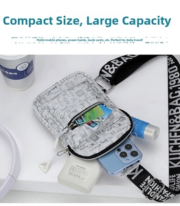 Detail of compact crossbody bag showing internal storage for phone and power bank