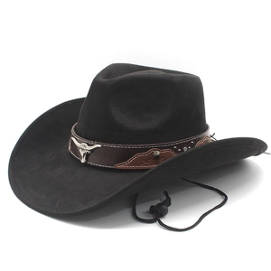 Cappello da cowboy nero in finta pelle scamosciata con cinturino in cuoio e fibbia a toro