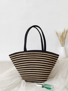 Vintage stripe woven cotton shoulder bag with large capacity for resort and beach travel