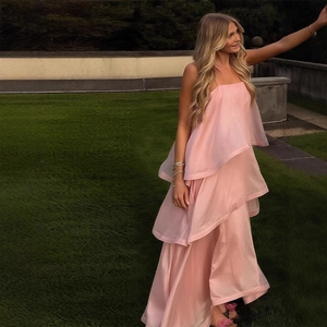 Robe Maxi Rose À Fines Bretelles Pour Femmes Volants À Étages Style Gâteau Taille Haute Balançoire Vacances D'été